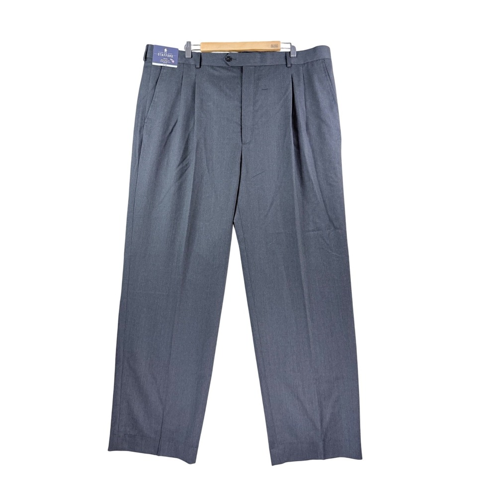 Stafford Suit Pants Mens 42x34 Grey Travel Big & Tall Pleated Wool Trousers